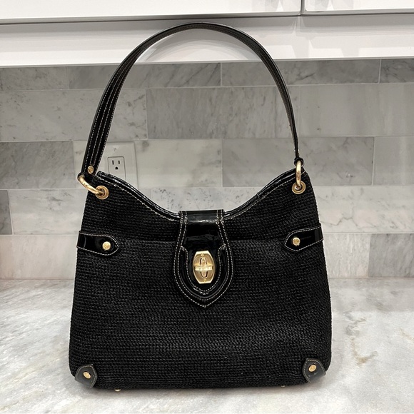 Eric Javits Handbags - Eric Javits Shenia Black Woven Patent Leather Detail Bag